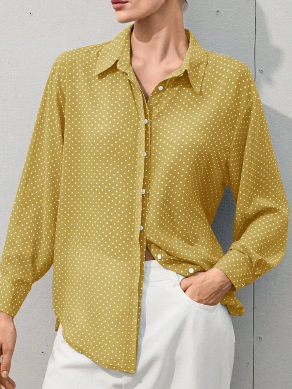 Mustard Yellow Polka Dot Button-Up Shirt with Curved Hem
